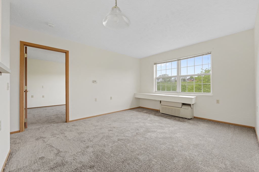 a living room with carpet and a window and a mirror