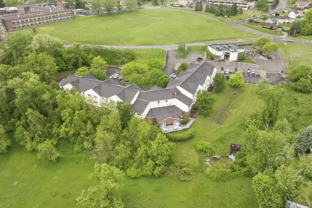 an aerial view of the house and its estate