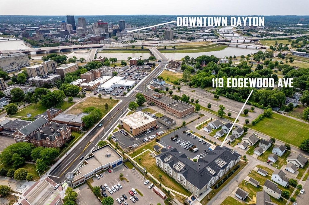 an aerial view of downtown dayton