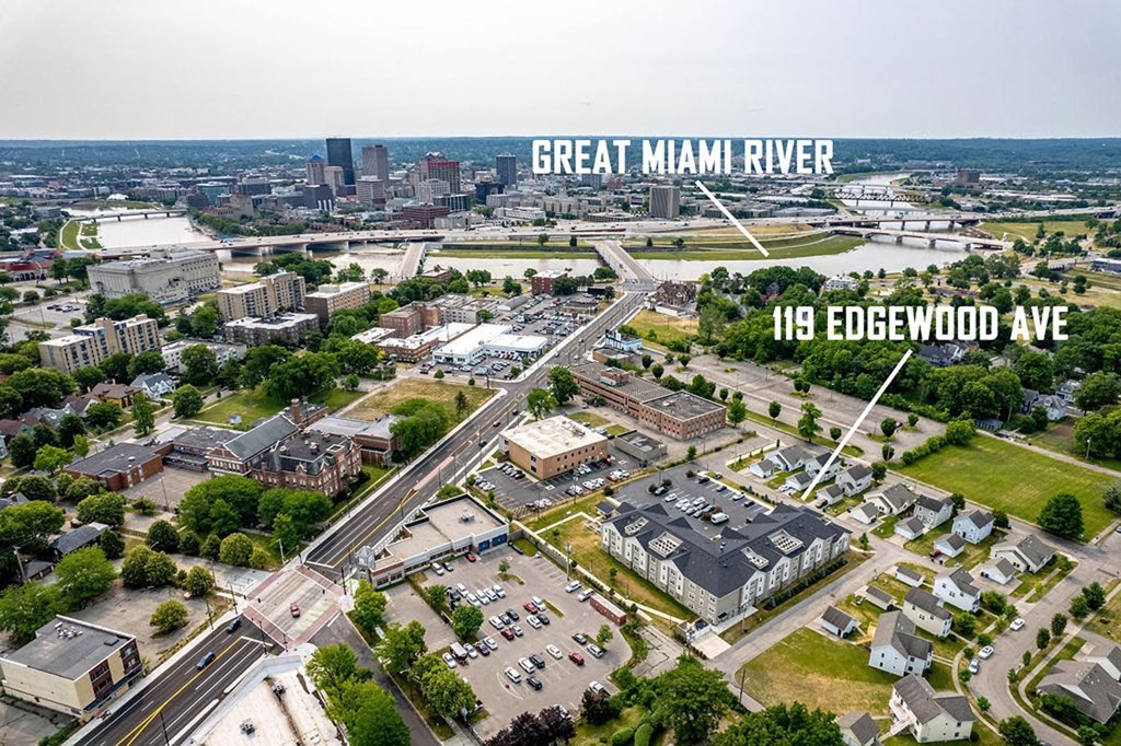 an aerial view of the great miami river with the city in the background