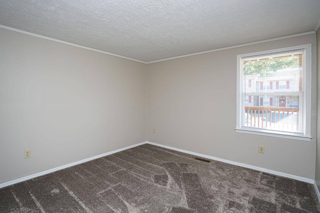 an empty room with carpet and a window