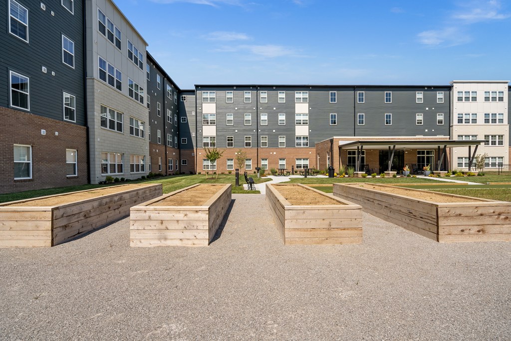 an outdoor area with raised beds and a building in the background