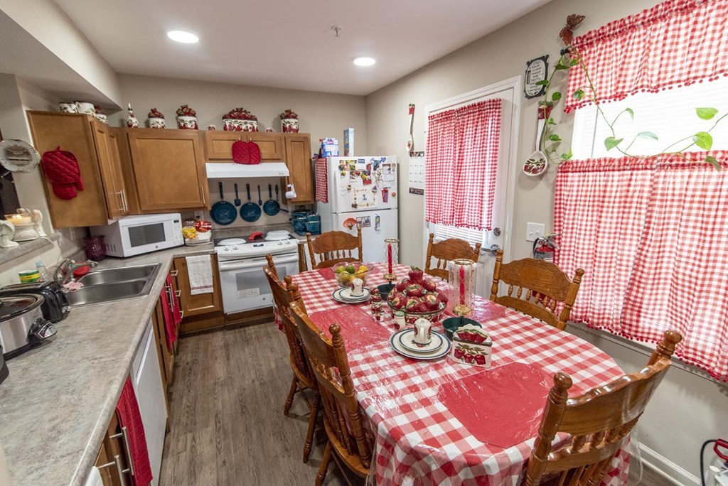 a kitchen with a red and white checkered table cloth