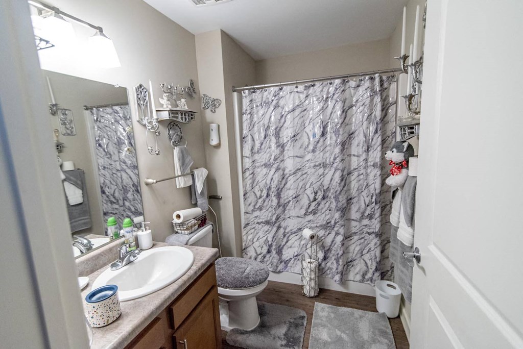a bathroom with a sink toilet and shower