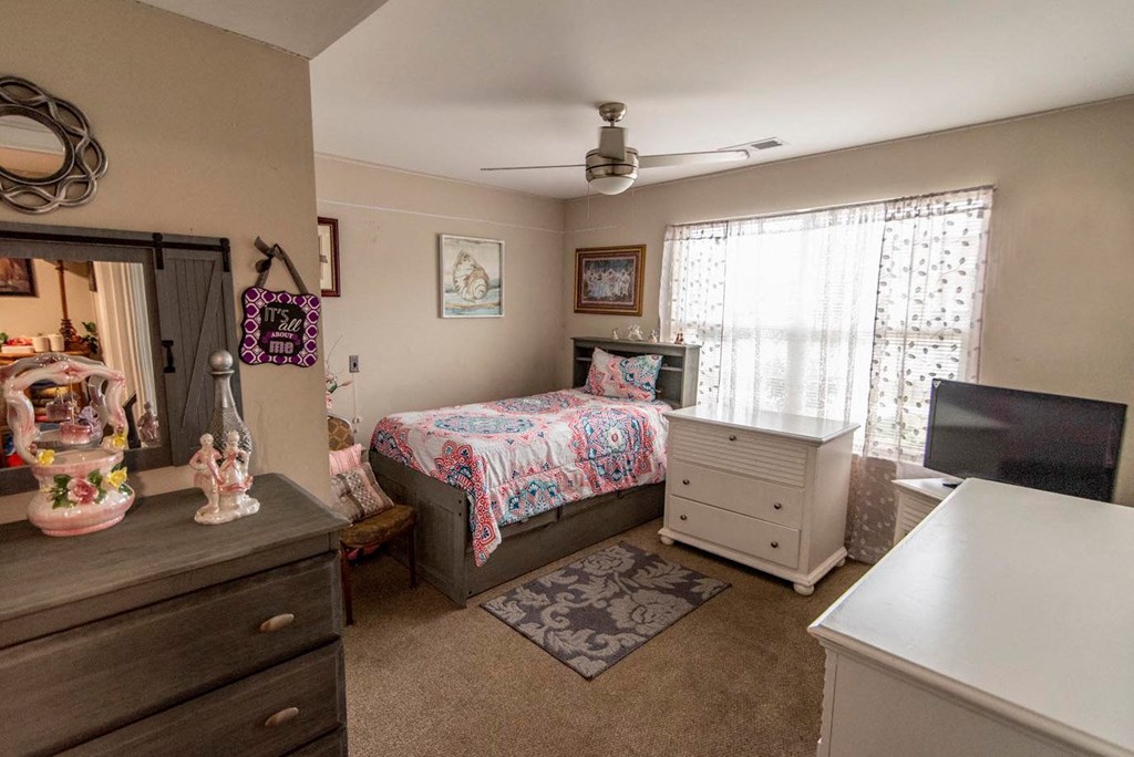 a bedroom with a bed and a dresser