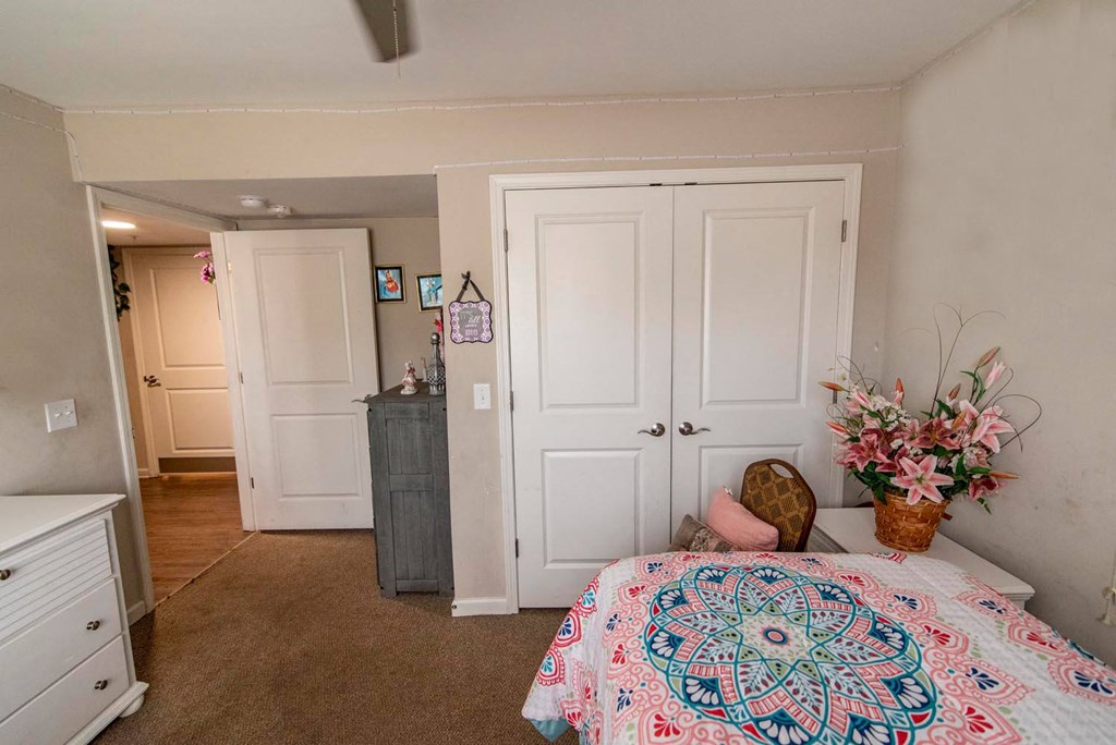 a bedroom with a bed and a dresser