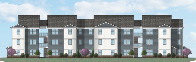 a rendering of an apartment building with gray and white facade