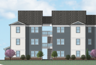 a rendering of a three story apartment building with gray and white siding