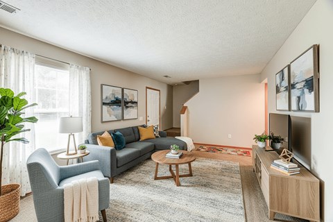 A living room with a grey couch, a wooden coffee table, and a television.