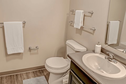 A bathroom with a toilet, sink, and towel racks.