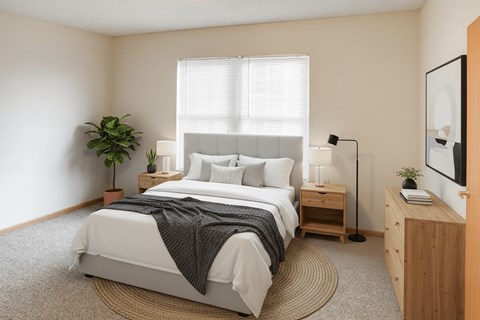 A bedroom with a large bed and a plant on the side table.