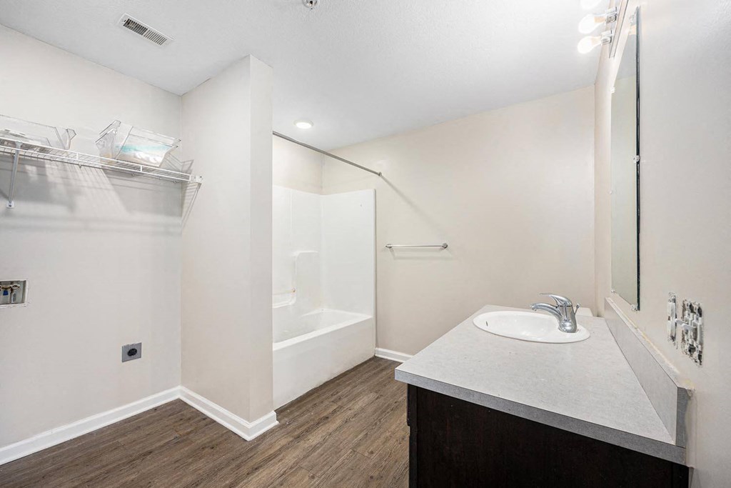 a bathroom with a sink and a shower and a mirror