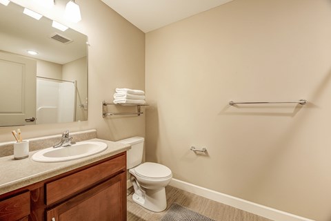 A bathroom with a toilet, sink, and mirror.