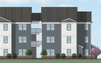 a rendering of an apartment building with a dark roof and white and gray siding