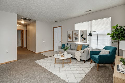 A living room with a grey carpet and a white rug.