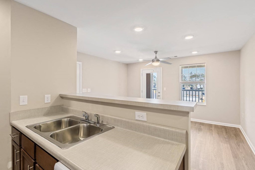 A kitchen with a sink and a window.