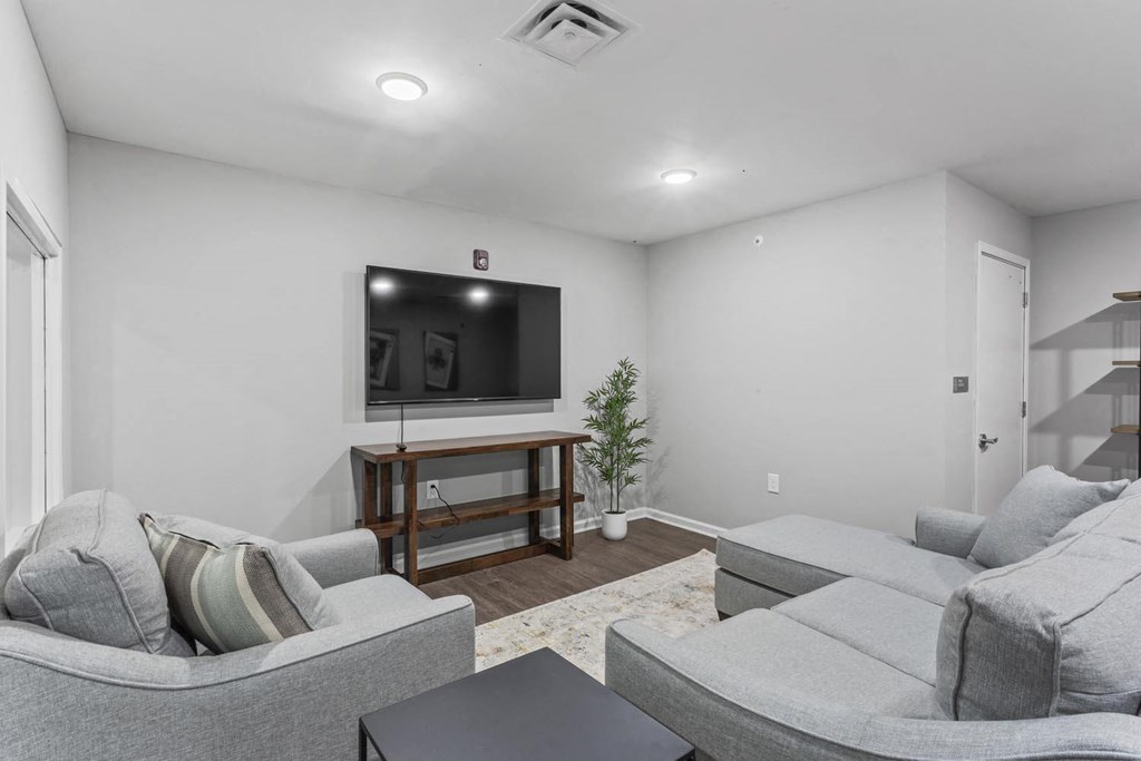 a living room with a couch and a television