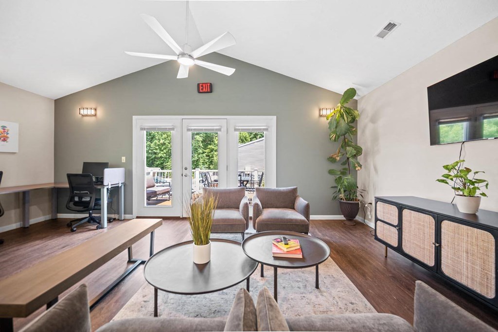 a living room with a couch and a table
