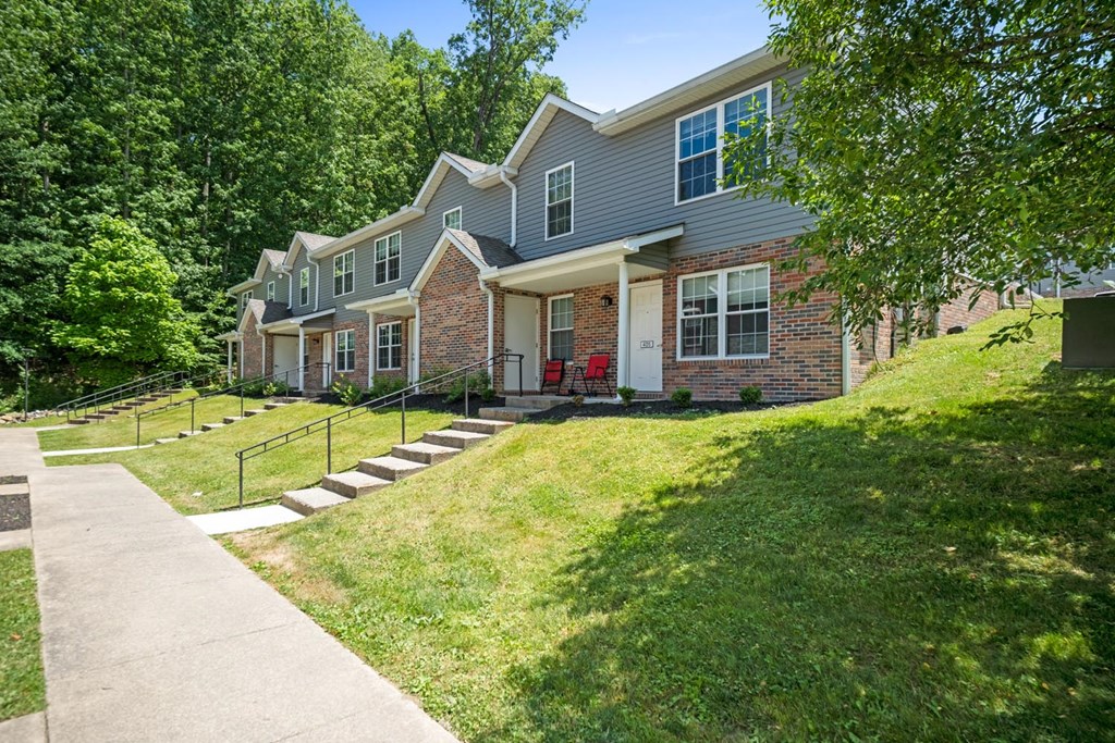 a house with a lawn and a sidewalk in front of it