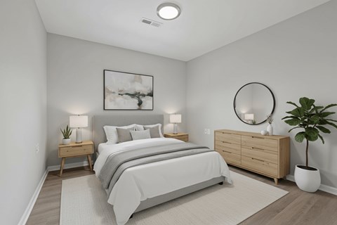 A bedroom with a large bed, a side table with a plant, and a dresser with a mirror.