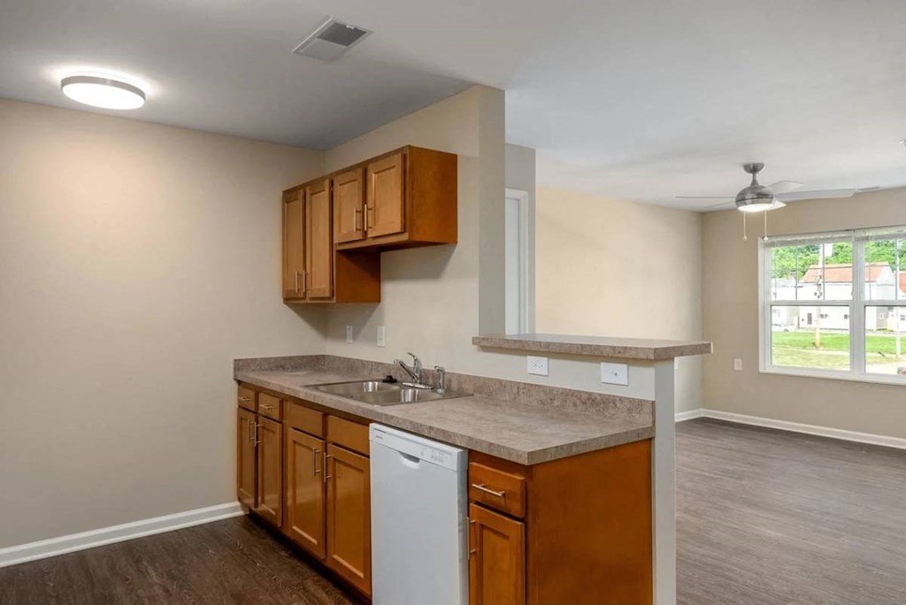 an empty kitchen with wooden cabinets and a sink