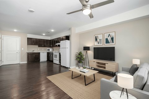 A living room with a grey couch, a coffee table, a television, and a ceiling fan.