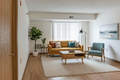 A living room with a yellow couch, a green armchair, and a wooden floor.