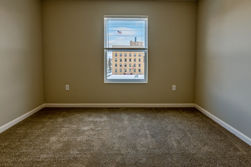 an empty room with carpet and a window