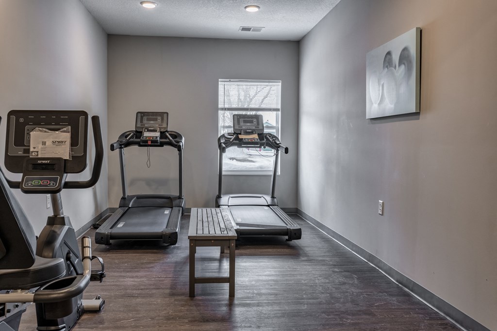 a gym with treadmills and other exercise equipment and a window