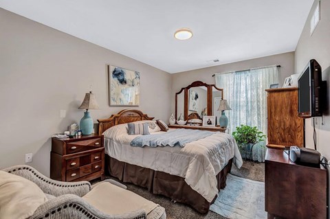 a bedroom with a bed and a dresser and a tv