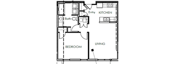 A floor plan shows a bedroom, a living area, and a kitchen.