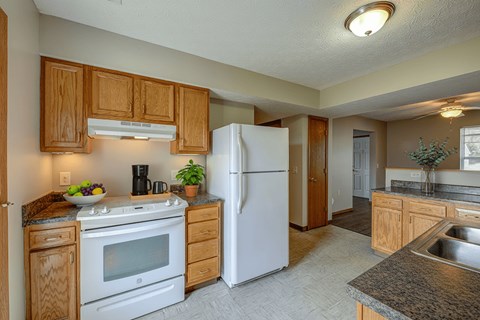 A kitchen with a white refrigerator, wooden cabinets, and a granite countertop.
