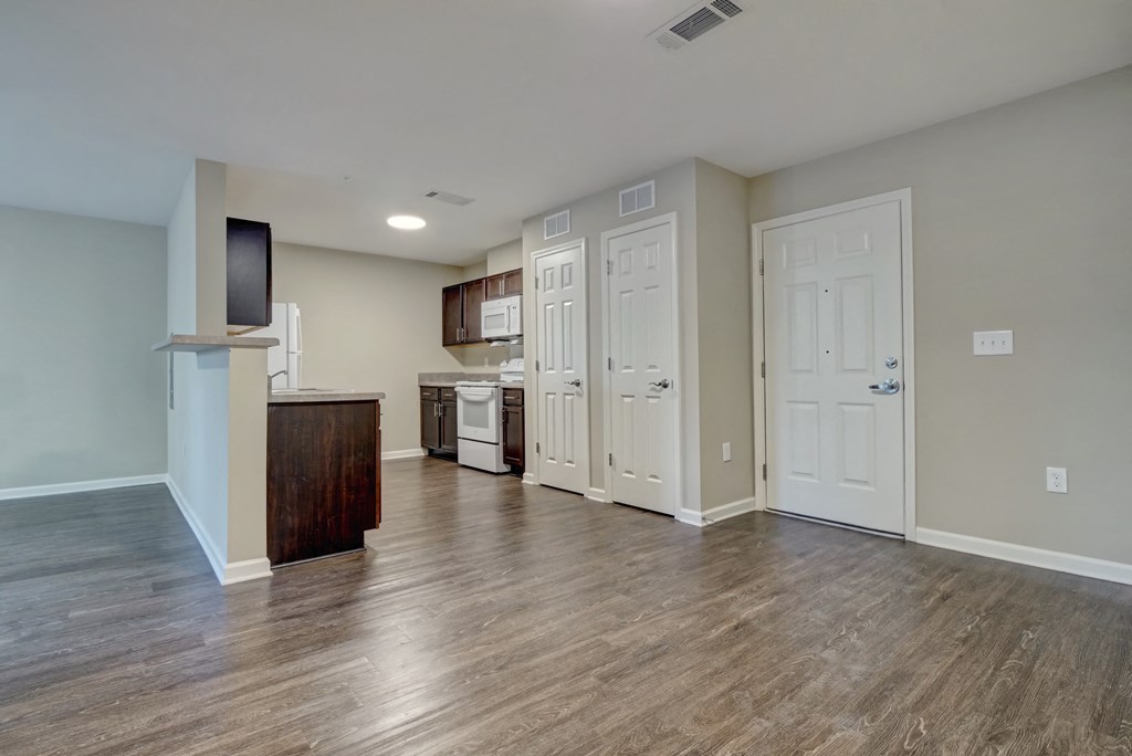 an empty living room and kitchen with wood floors and white doors