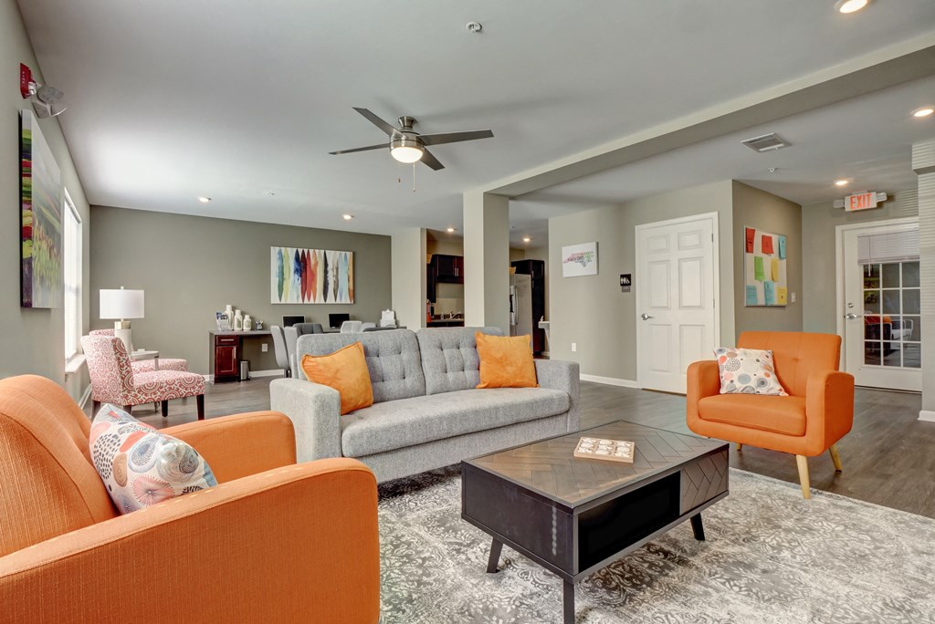 a living room with a couch and a coffee table