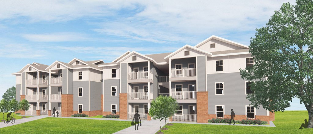 an architectural rendering of an apartment building with a sidewalk and grass