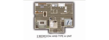 A 2 bedroom apartment type a unit with a gross square footage of 877 sq ft.