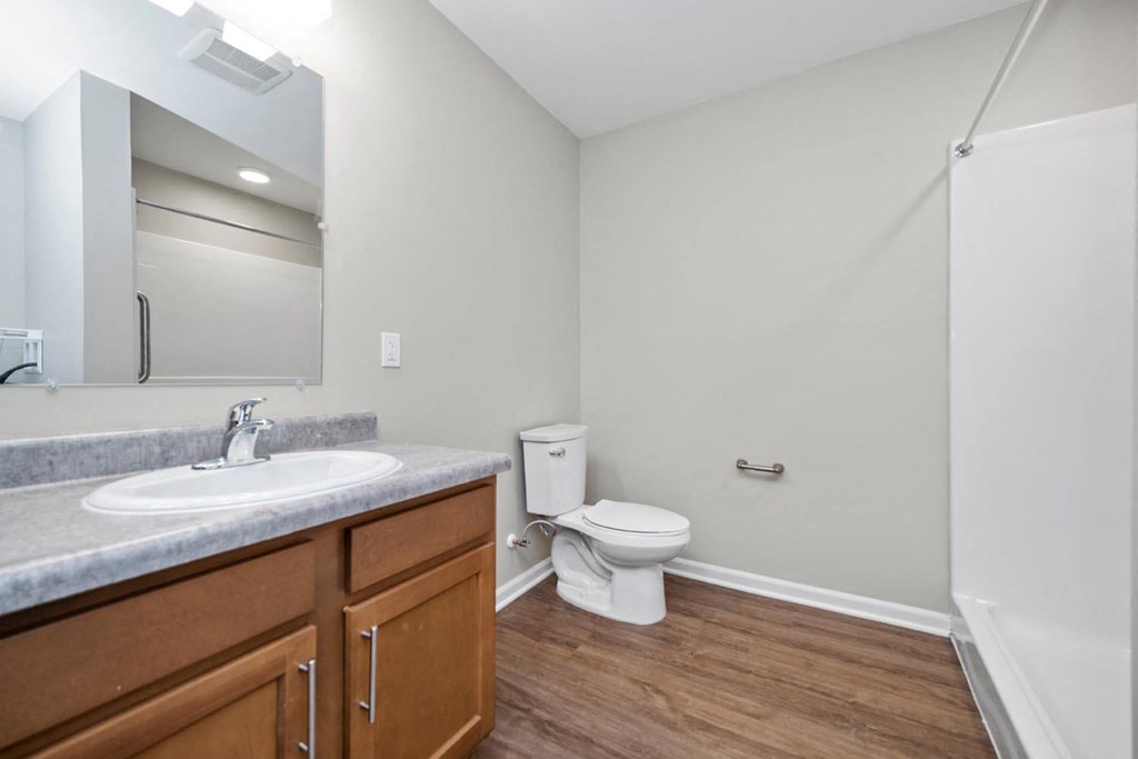 a bathroom with a toilet sink mirror and bathtub