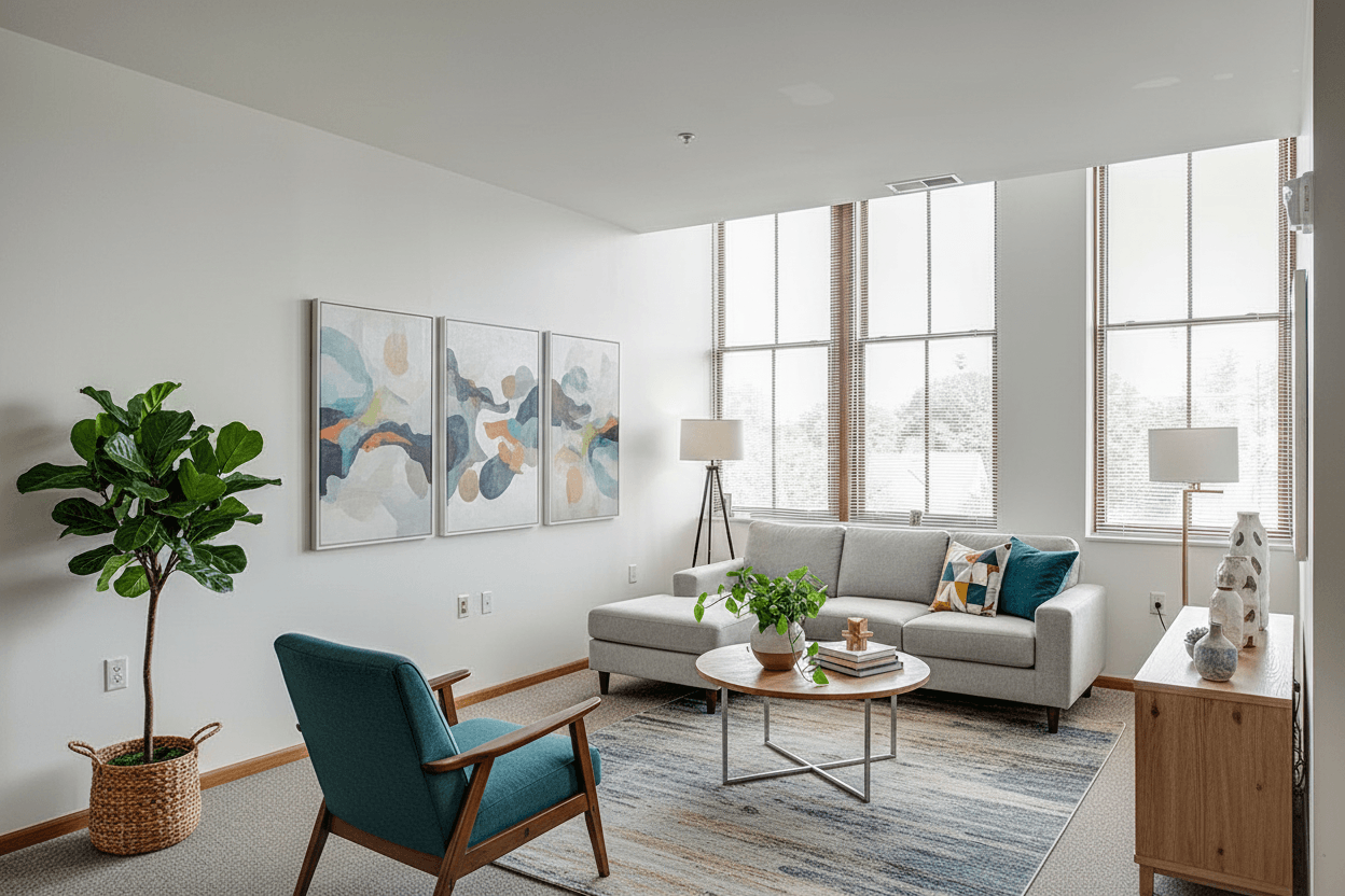 A living room with a blue chair, a white couch, and a painting on the wall.