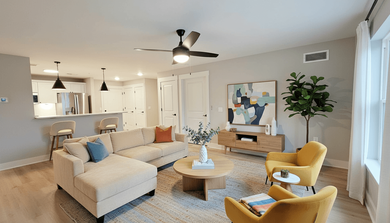 A living room with a beige sofa, yellow chairs, and a ceiling fan.
