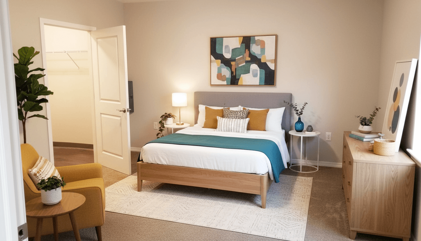 A bedroom with a bed, nightstand, and chair.