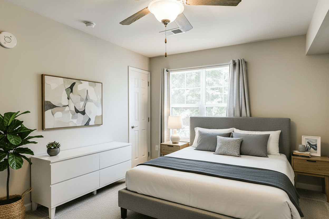 A bedroom with a large bed and a ceiling fan.