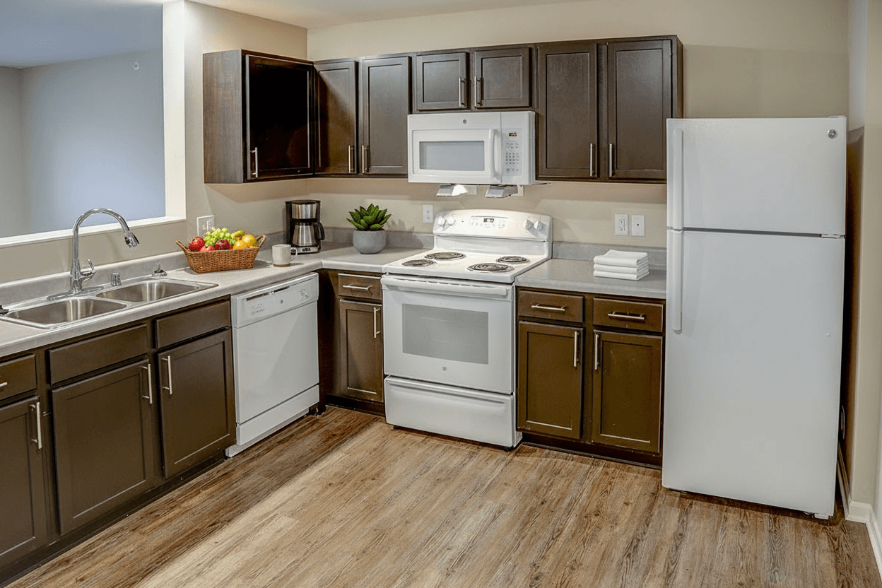 A kitchen with white appliances and brown cabinets.