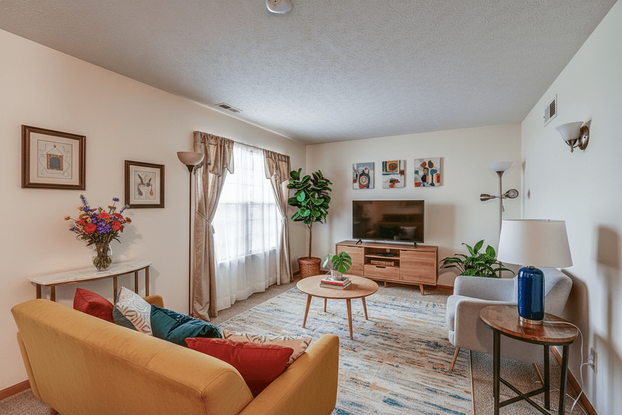 A living room with a yellow sofa and a wooden coffee table.