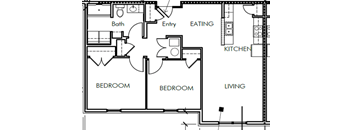 A floor plan of a living space with a kitchen, two bedrooms, and an eating area.