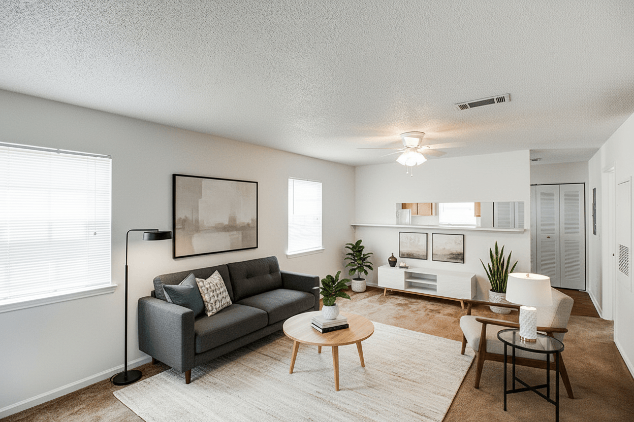 A living room with a grey couch, a coffee table, and a painting on the wall.