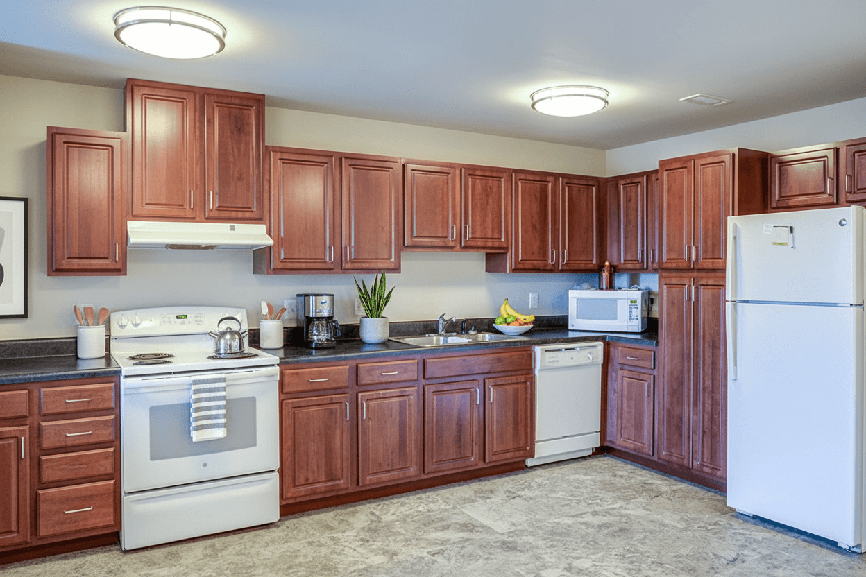 A kitchen with brown cabinets and white appliances.