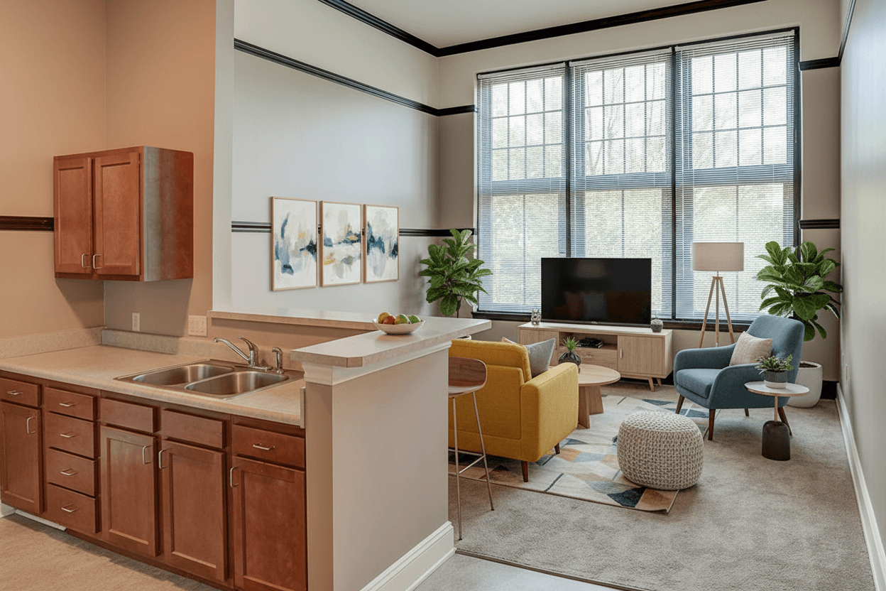 A modern kitchen with a yellow chair and a white counter.