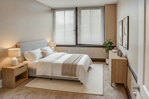 A bedroom with a large bed and a nightstand with a lamp.