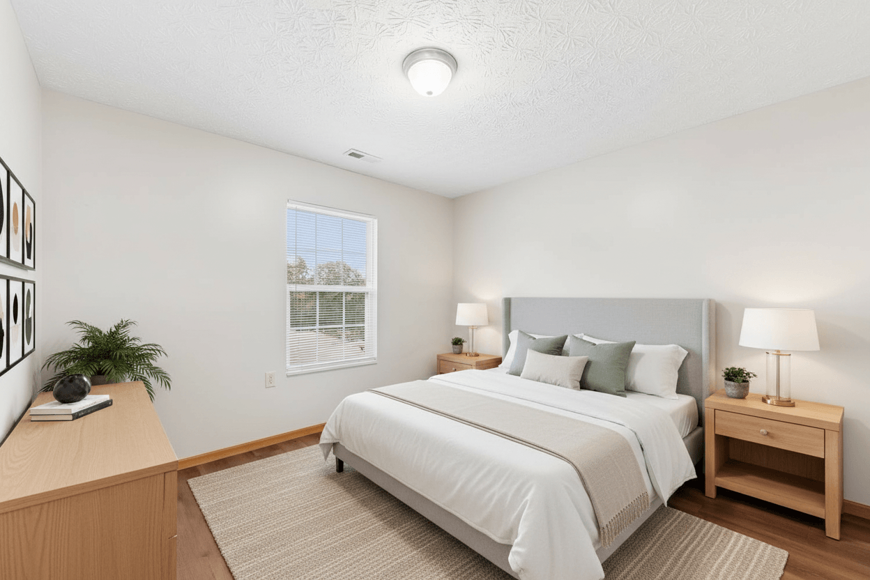 A bedroom with a large bed, a nightstand, and a window with blinds.