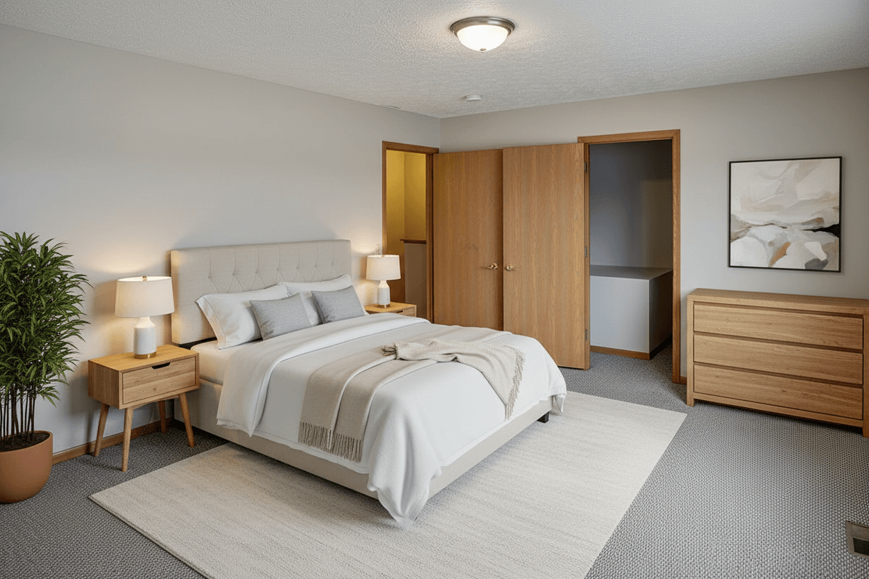 A bedroom with a large bed, a nightstand with a lamp, and a plant.